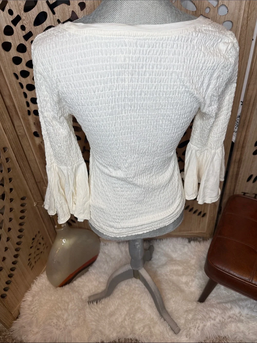 Anthropologie Cream Smocked Bell-Sleeve Scoop Neck Top